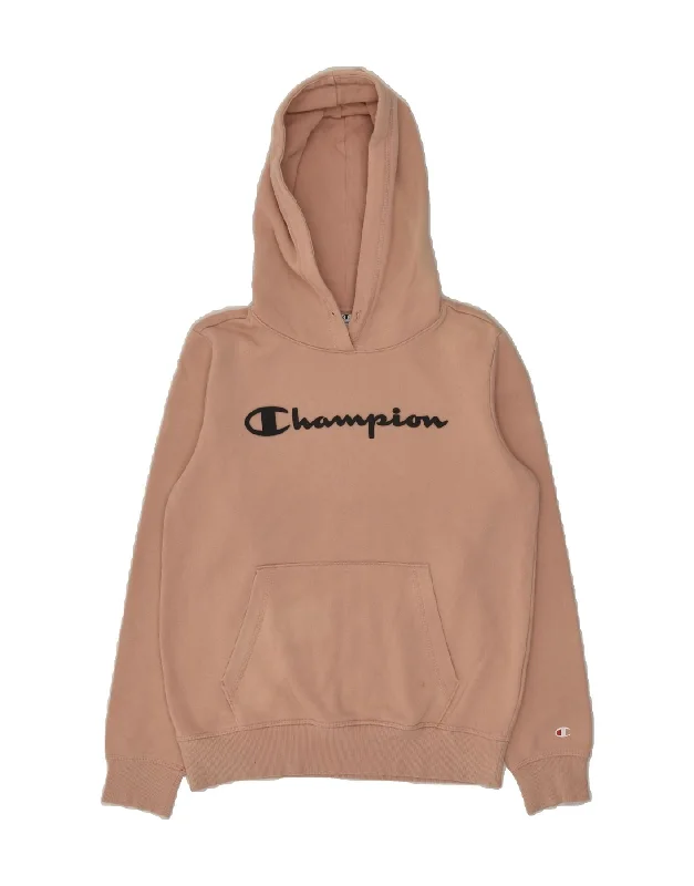 CHAMPION Womens Graphic Hoodie Jumper UK 12 Medium Beige Cotton Hoodie with Lining Warm Insulated