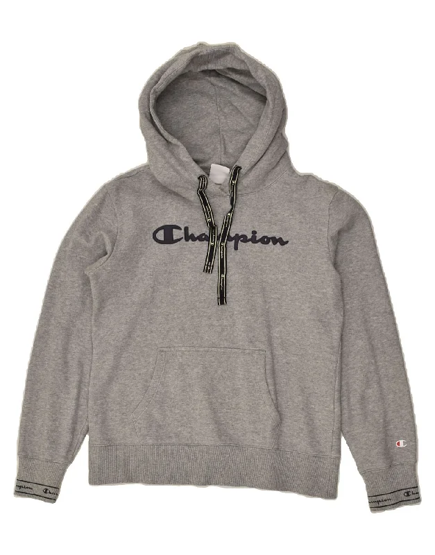 CHAMPION Womens Graphic Hoodie Jumper UK 14 Large Grey Cotton Hoodie with Pattern Geometric Abstract