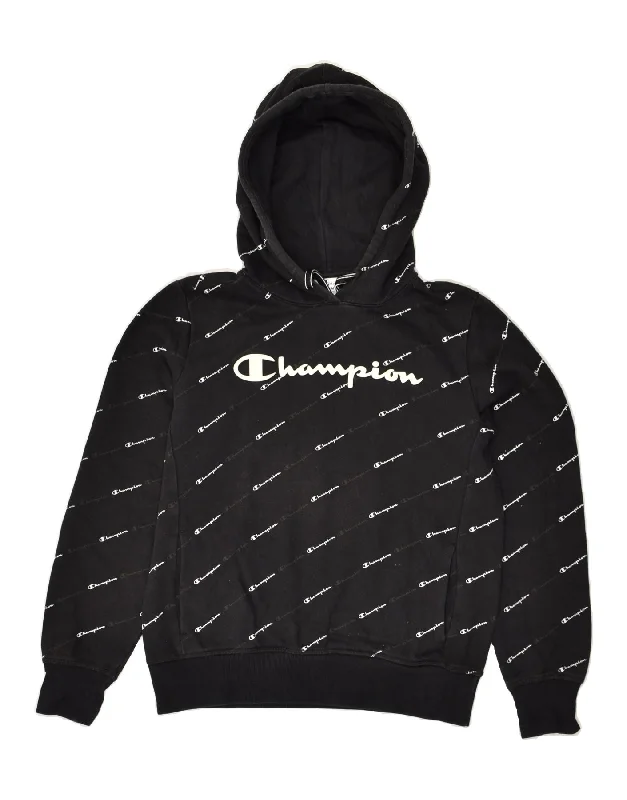 CHAMPION Womens Graphic Hoodie Jumper UK 14 Medium Black Hoodie Crop Top Short Trendy