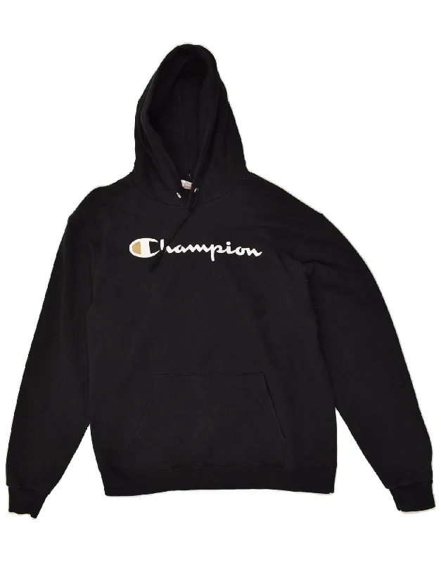 CHAMPION Womens Graphic Hoodie Jumper UK 16 Large Black Cotton Hoodie with Applique Textured Unique