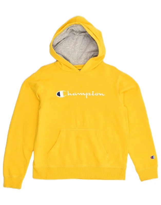 CHAMPION Womens Graphic Hoodie Jumper UK 18 XL Yellow Cotton Hoodie with Turtle Neck Cozy Winter