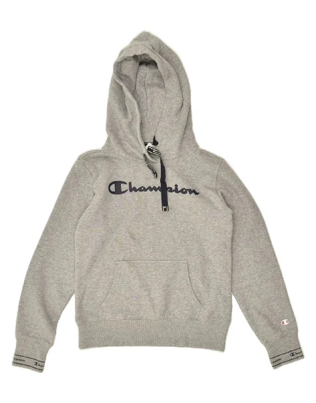 CHAMPION Womens Graphic Hoodie Jumper UK 6 XS Grey Cotton Hoodie with Hem Detail Decorative Unique