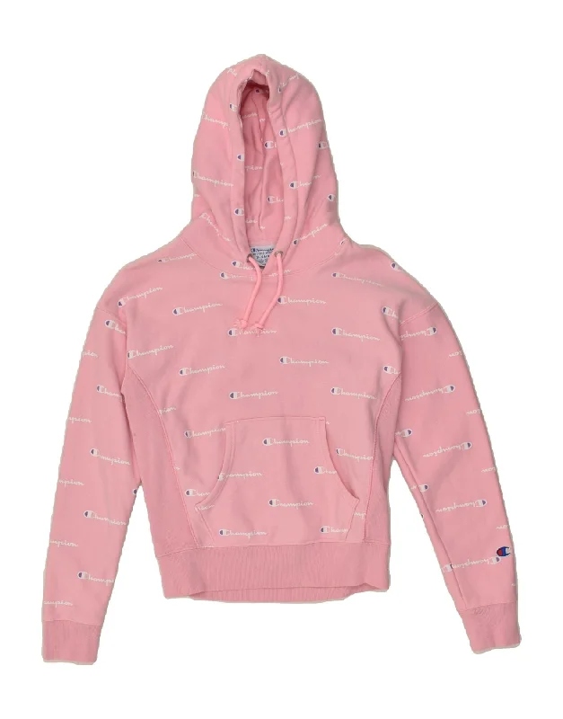 CHAMPION Womens Graphic Hoodie Jumper UK 6 XS Pink Cotton Hoodie with Rhinestones Sparkly Elegant