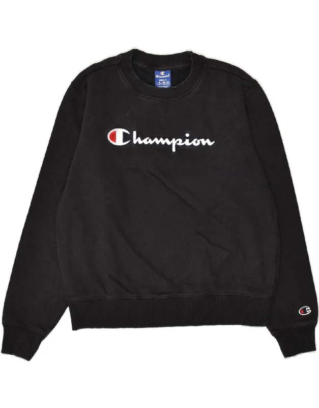 CHAMPION Womens Graphic Sweatshirt Jumper UK 10 Small Black Cotton Hoodie with Typography Text Message