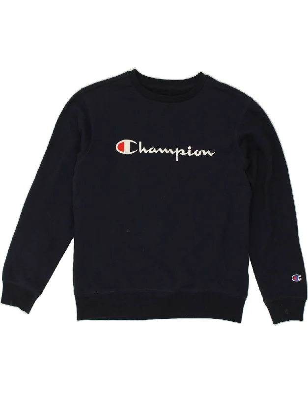 CHAMPION Womens Graphic Sweatshirt Jumper UK 14 Large Navy Blue Cotton Hoodie with Exposed Zipper Edgy Industrial