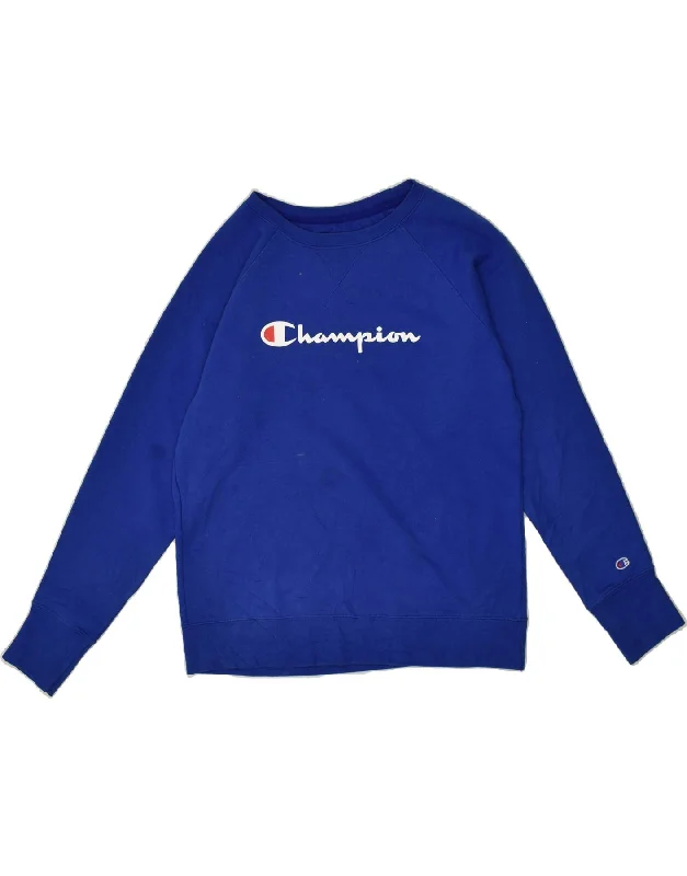 CHAMPION Womens Graphic Sweatshirt Jumper UK 14 Medium Blue Hoodie with Puffed Sleeves Voluminous Trendy