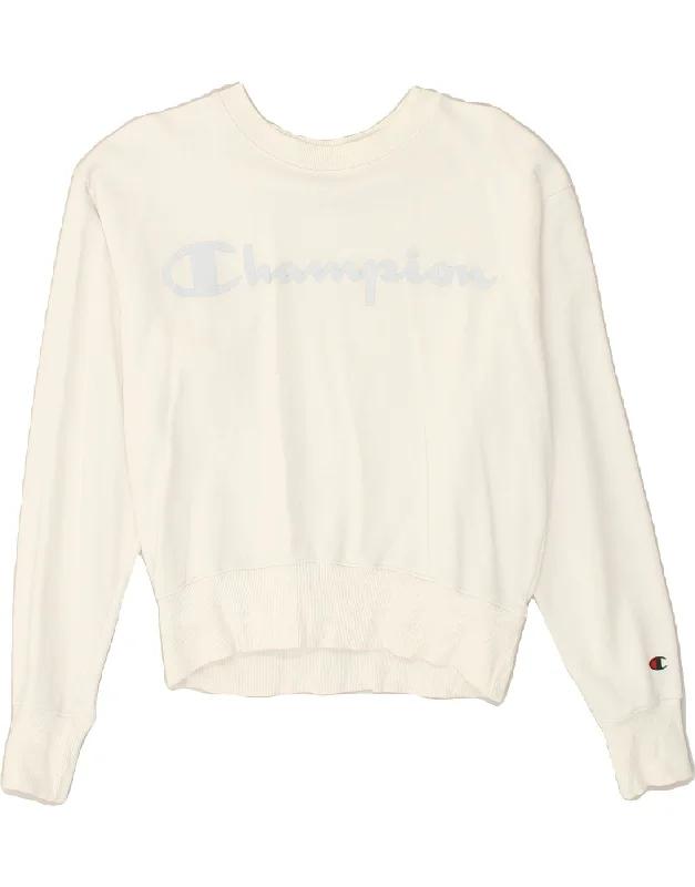 CHAMPION Womens Graphic Sweatshirt Jumper UK 16 Large White Hoodie with Sequins Glamorous Eye-catching