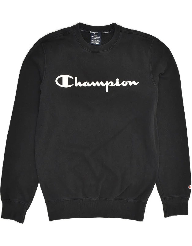 CHAMPION Womens Graphic Sweatshirt Jumper UK 6 XS Black Cotton Hoodie with Hem Ribbing Snug Secure