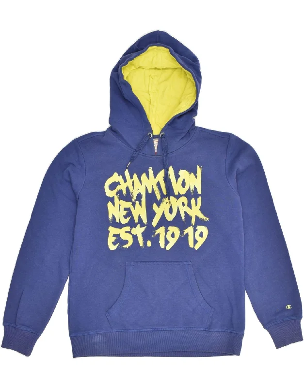 CHAMPION Womens Heritage Fit Graphic Hoodie Jumper UK 12 Medium Blue Hoodie with Patch Decorative Personalized