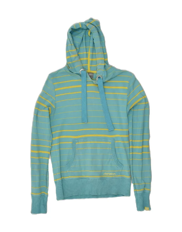 CHAMPION Womens Hoodie Jumper UK 12 Medium Turquoise Striped Cotton Hoodie with Hem Elastic Stretchable Comfortable