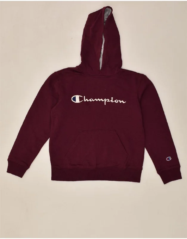 CHAMPION Womens Hoodie Jumper UK 14 Medium Burgundy Cotton Hoodie with Hem Ribbing Snug Secure