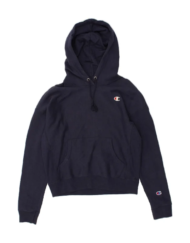 CHAMPION Womens Hoodie Jumper UK 14 Medium Navy Blue Cotton Hoodie with V-Neck Classic Versatile