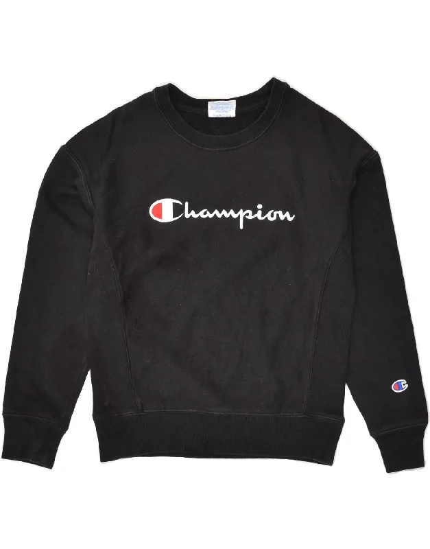 CHAMPION Womens Loose Fit Graphic Sweatshirt Jumper UK 6 XS Black Cotton Hoodie with Mock Neck Collared Structured