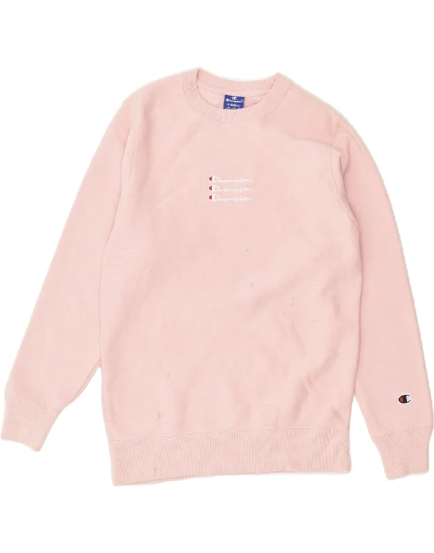 CHAMPION Womens Loose Fit Graphic Sweatshirt Jumper UK 6 XS Pink Cotton Hoodie with Hem Embroidery Detailed Premium