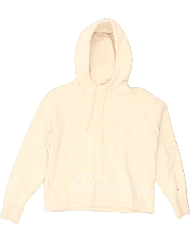 CHAMPION Womens Oversized Graphic Hoodie Jumper UK 6 XS Beige Cotton Hoodie with Contrast Stitching Detailed Premium