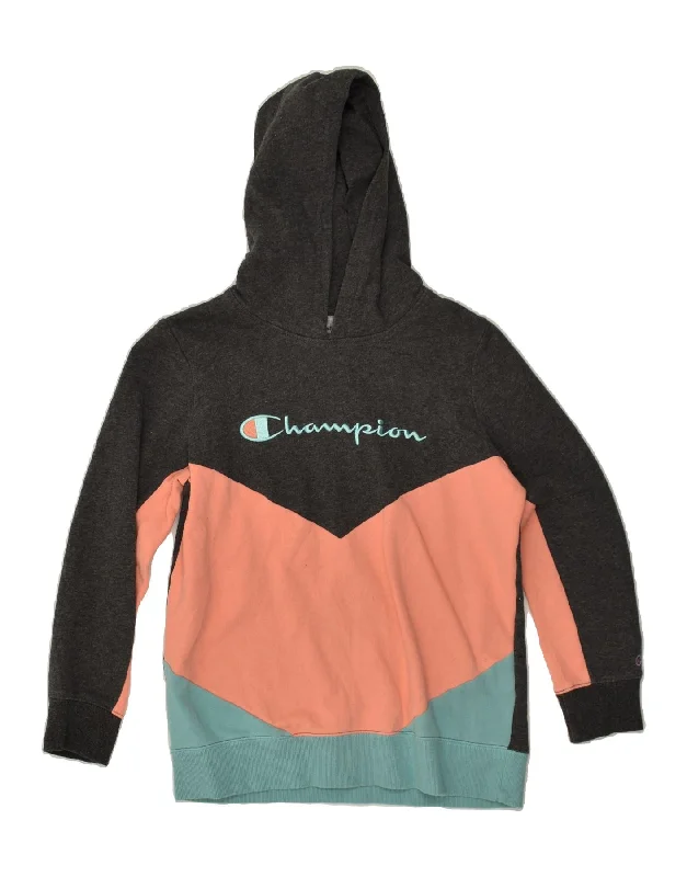 CHAMPION Womens Slim Graphic Hoodie Jumper UK 18 XL Grey Colourblock Hoodie with Velcro Closure Adjustable Secure