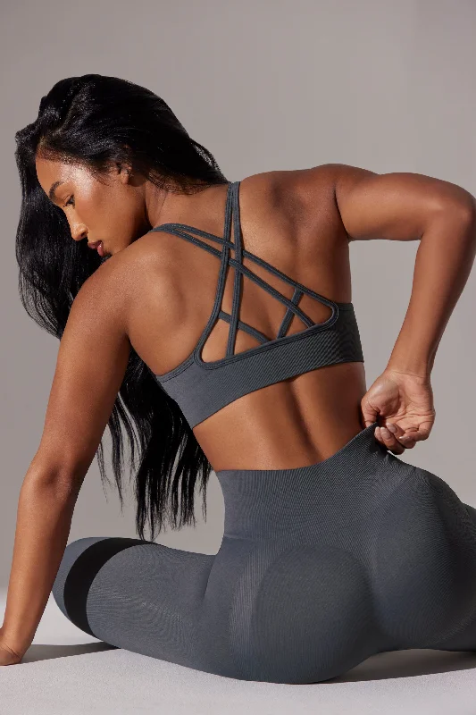 Scoop Neck Multi Strap Sports Bra in Grey Elegant Lace Lingerie