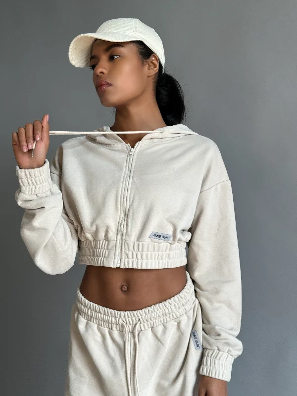 Cropped Zipper Hoodie - Ivory Hoodie with Strings Custom Fit Adjustable