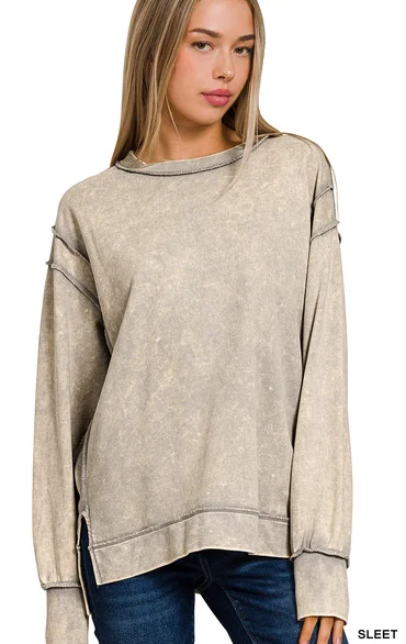 Daria - Acid Wash Slit Seam Sweatshirt in Sleet Grey Hoodie with Tied Waist Feminine Flattering