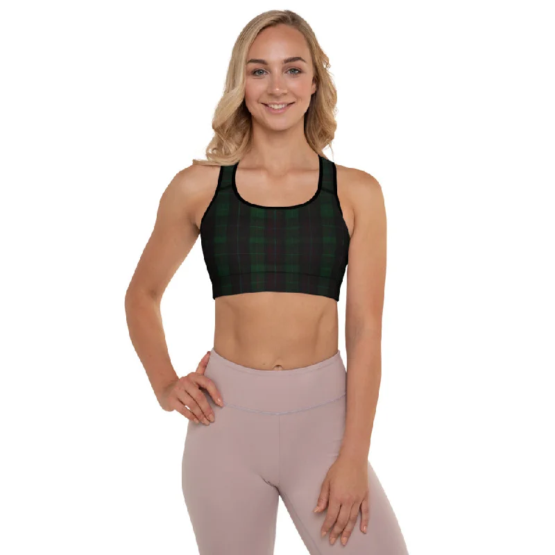 Green Plaid Print Gym Bra, Scottish Style Plaid Print Ladies' Designer Padded Sports Bra-Made in USA/EU/MX Active Wear Bra