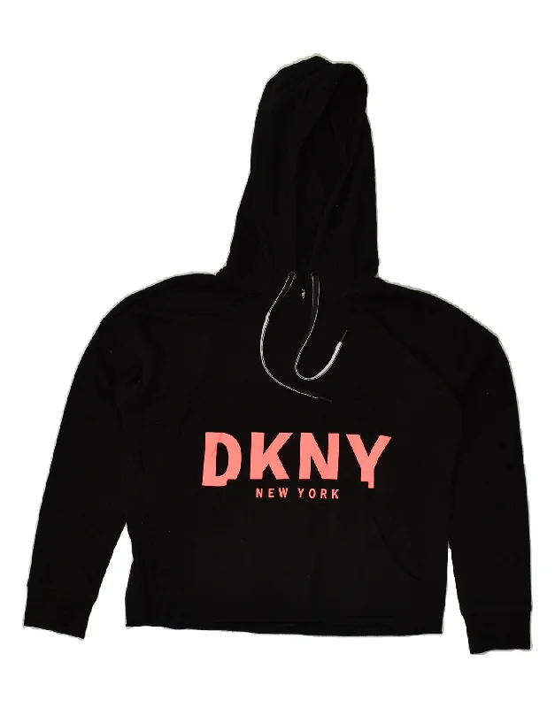 DKNY Womens Graphic Hoodie Jumper UK 6 XS Black Cotton Hoodie with Pattern Geometric Abstract