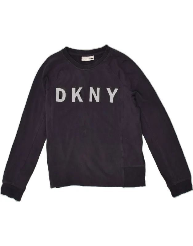 DKNY Womens Graphic Sweatshirt Jumper UK 14 Medium Navy Blue Polyester Hoodie with Camouflage Military Edgy