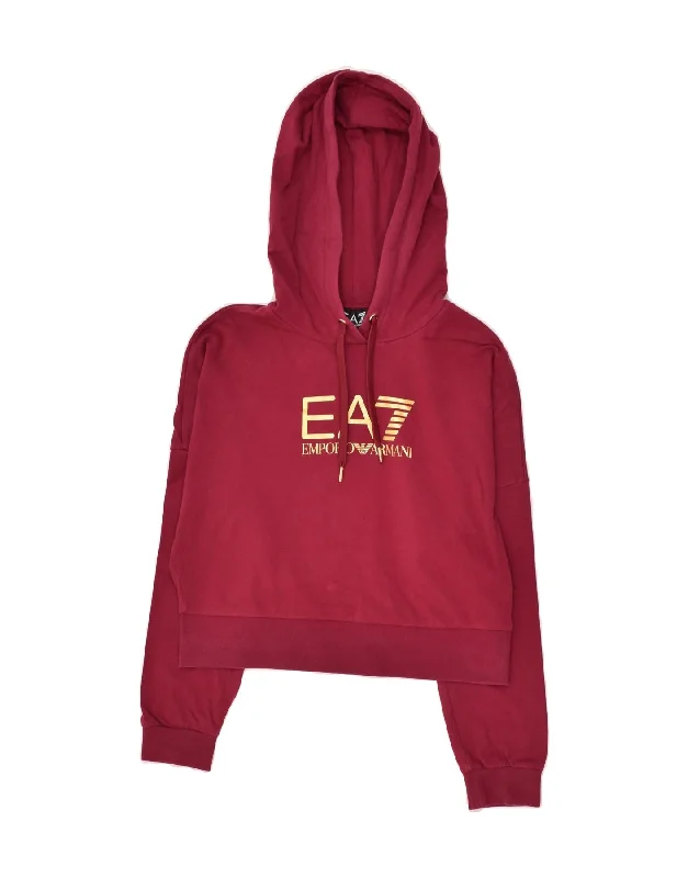 EA7 Womens Crop Graphic Hoodie Jumper UK 14 Medium Burgundy Hoodie with Drawstring Waist Adjustable Fitted