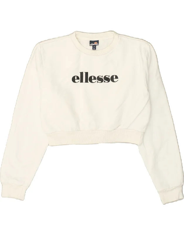 ELLESSE Womens Crop Oversized Sweatshirt Jumper UK 12 Medium  White Cotton Hoodie with Illustration Artistic Creative