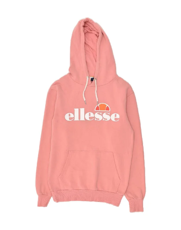 ELLESSE Womens Graphic Hoodie Jumper UK 8 Small Pink Cotton Hoodie with Tied Waist Feminine Flattering