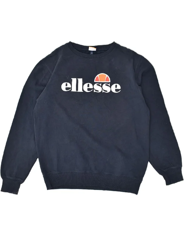 ELLESSE Womens Graphic Sweatshirt Jumper UK 14 Large  Navy Blue Cotton Hoodie with Hem Lace Feminine Delicate