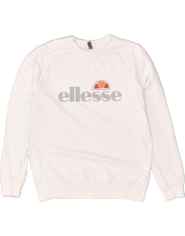 ELLESSE Womens Graphic Sweatshirt Jumper UK 14 Large White Cotton Hoodie with Slit Hem Functional Movement