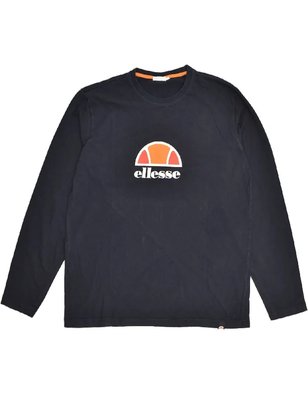 ELLESSE Womens Graphic Sweatshirt Jumper UK 18 XL Navy Blue Cotton Hoodie with Side Slits Relaxed Casual