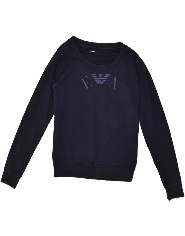 EMPORIO ARMANI Womens Graphic Sweatshirt Jumper UK 4 XS Navy Blue Hoodie with Raw Hem Edgy Unfinished