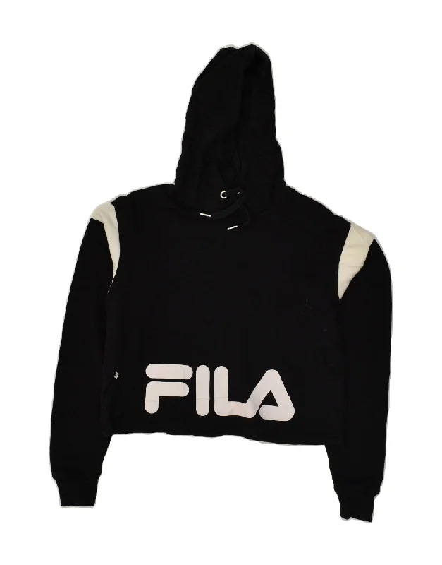 FILA Womens Crop Graphic Hoodie Jumper UK 8 Small Black Polyester Hoodie with Strings Custom Fit Adjustable