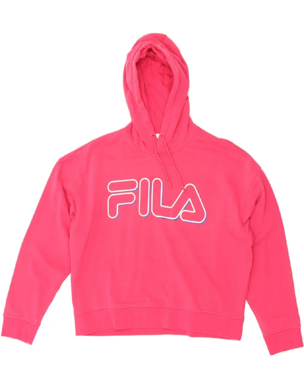 FILA Womens Graphic Hoodie Jumper UK 14 Medium Pink Cotton Hoodie with Relaxed Fit Easy Casual