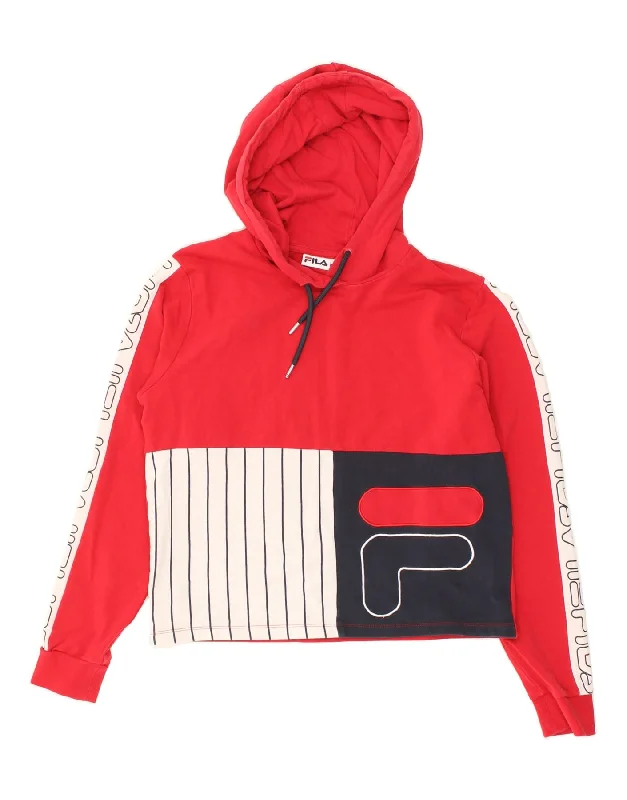 FILA Womens Graphic Hoodie Jumper UK 16 Large Red Colourblock Cotton Hoodie Jacket Zipper Layering