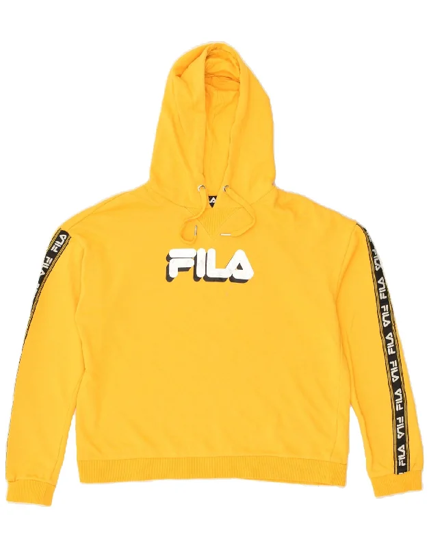 FILA Womens Graphic Hoodie Jumper UK 16 Large Yellow Cotton Hoodie with Half-Zip Sporty Casual