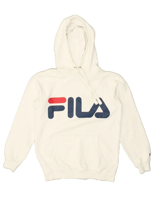 FILA Womens Graphic Hoodie Jumper UK 6 XS White Cotton Hoodie with Camouflage Military Edgy