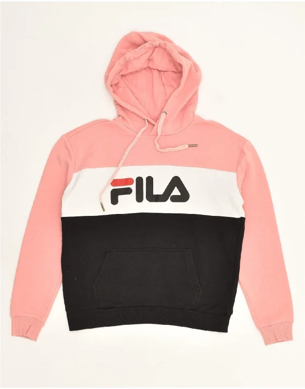 FILA Womens Graphic Hoodie Jumper UK 8 Small Pink Colourblock Hoodie with Sequins Glamorous Eye-catching