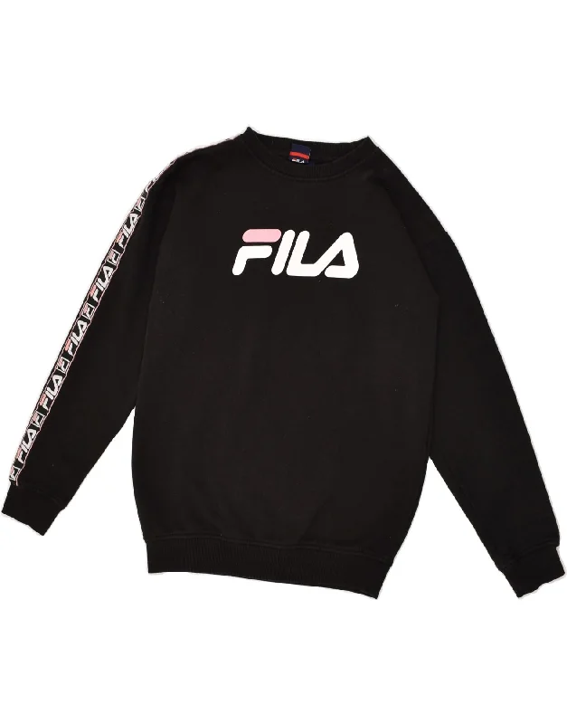 FILA Womens Graphic Sweatshirt Jumper UK 10 Small Black Cotton Hoodie with Lace Feminine Delicate