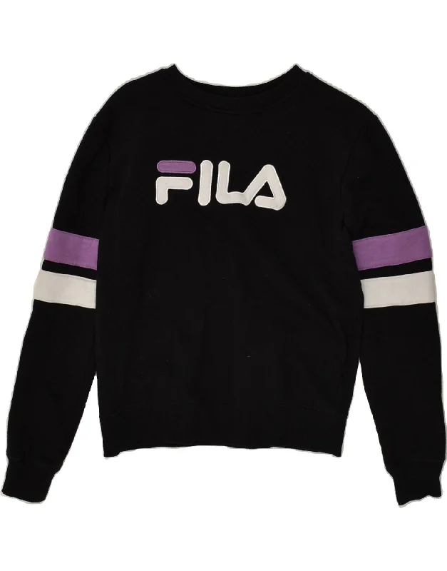 FILA Womens Graphic Sweatshirt Jumper UK 10 Small Black Cotton Hoodie with Hem Ribbing Snug Secure