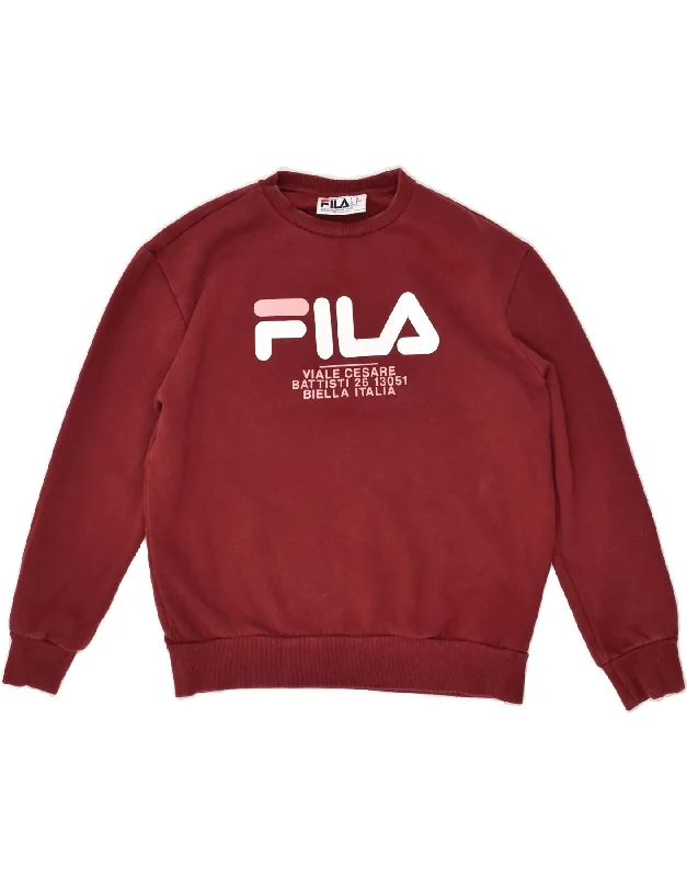 FILA Womens Graphic Sweatshirt Jumper UK 10 Small Burgundy Cotton Hoodie with Typography Text Message