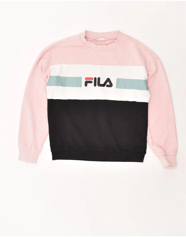 FILA Womens Graphic Sweatshirt Jumper UK 10 Small Pink Colourblock Cotton Hoodie with Logo Branding Identity