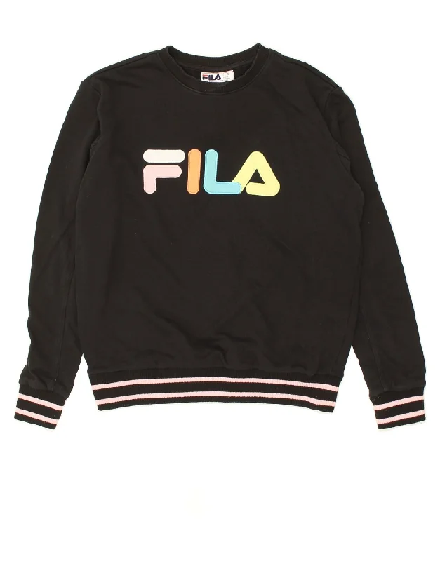 FILA Womens Graphic Sweatshirt Jumper UK 14 Medium Black Cotton Oversized Hoodie Comfort Casual