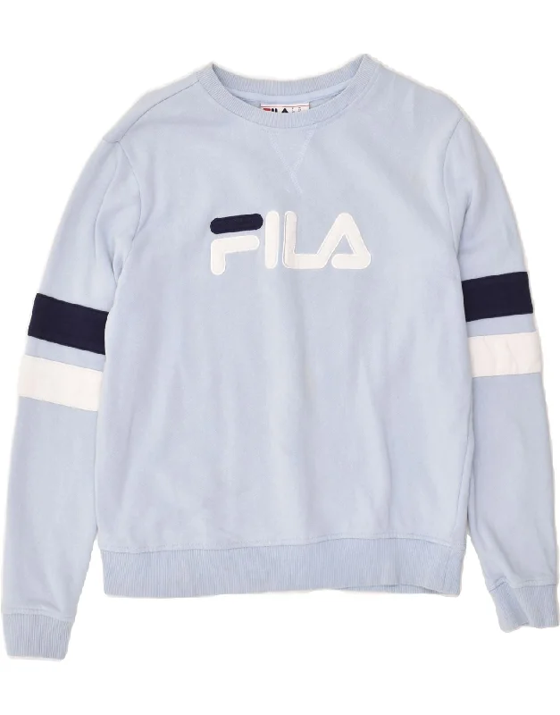 FILA Womens Graphic Sweatshirt Jumper UK 14 Medium Blue Striped Cotton Hoodie with Toggle Buttons Decorative Unique