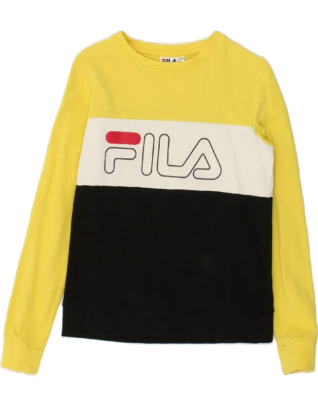 FILA Womens Graphic Sweatshirt Jumper UK 6 XS Yellow Colourblock Hoodie with Hem Detail Decorative Unique