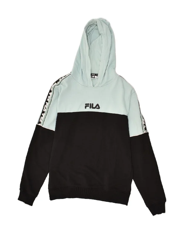 FILA Womens Oversized Graphic Hoodie Jumper UK 6 XS Black Colourblock Hoodie with Drop Shoulder Relaxed Streetwear