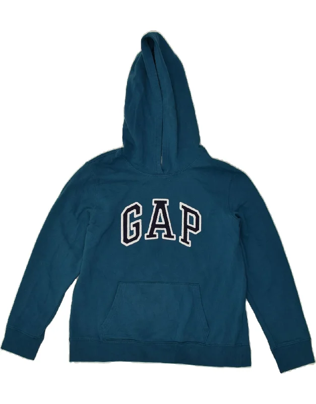 GAP Womens Graphic Hoodie Jumper UK 14 Medium Blue Cotton Hoodie with Distressed Vintage Worn