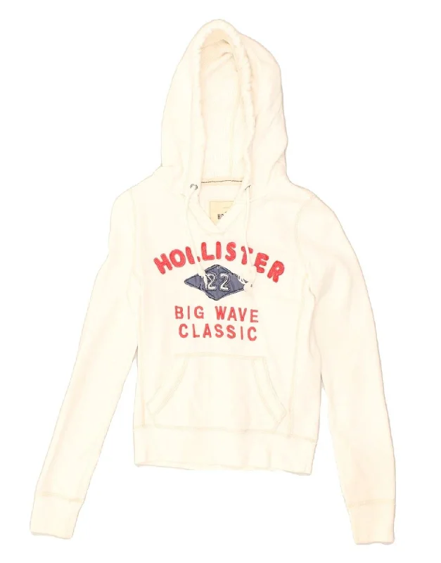 HOLLISTER Womens California Graphic Hoodie Jumper UK 4 XS White Cotton Hoodie with Neon Bright Vibrant