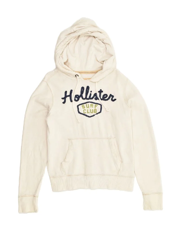 HOLLISTER Womens Graphic Hoodie Jumper UK 10 Small Off White Cotton Hoodie with Longline Fit Extended Stylish